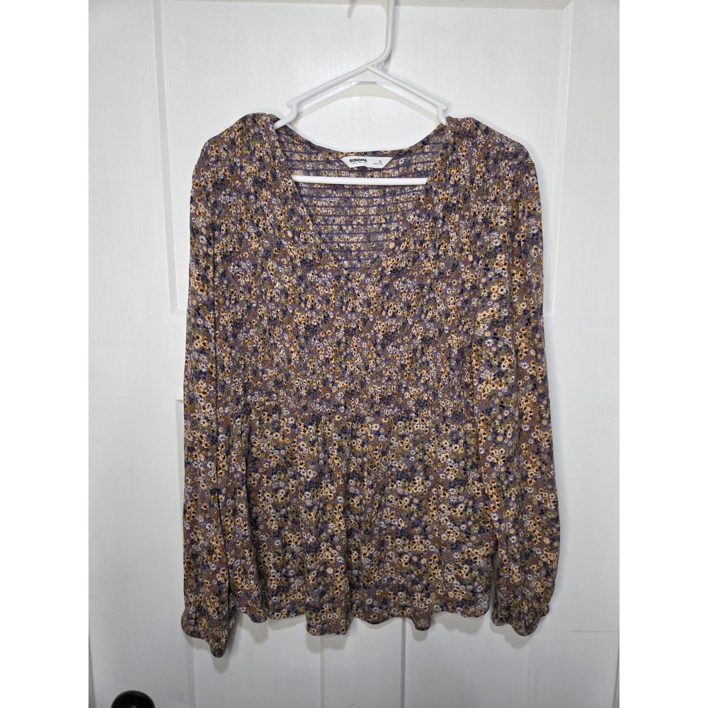 Sonoma Goods For Life Womens XL Purple Ditsy Floral Smocked V-Neck Blouse Top